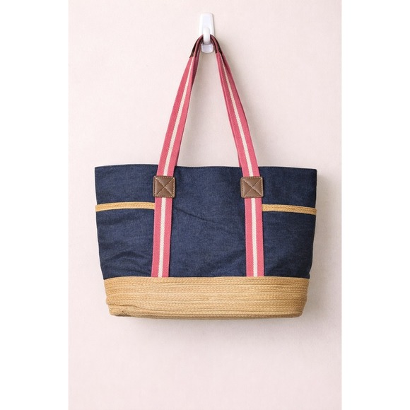 Tommy Hilfiger Handbags - Tommy‎ Hilfiger Tote Bag Womens Denim Straw Pink Striped Handles Large Beach...